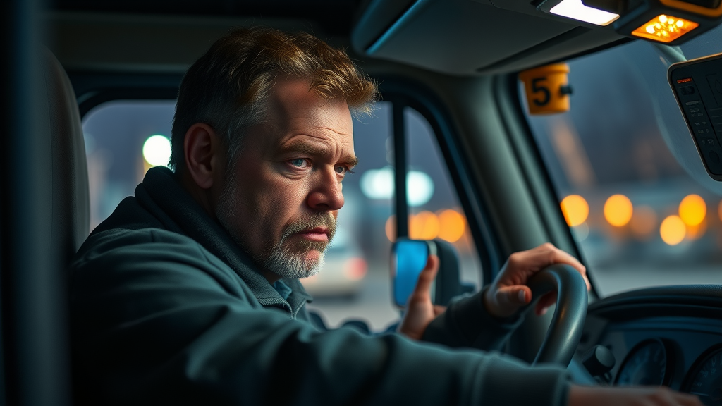 tired truck driver at night in truck cab showing signs of fatigue and caution regarding highway truck accidents