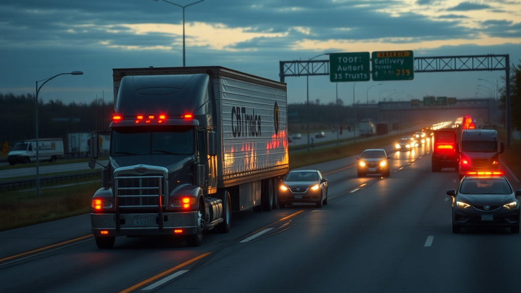 somber highway scene with large 18 wheeler truck accident aftermath and emergency responders, truck driver negligence on dusk-lit interstate