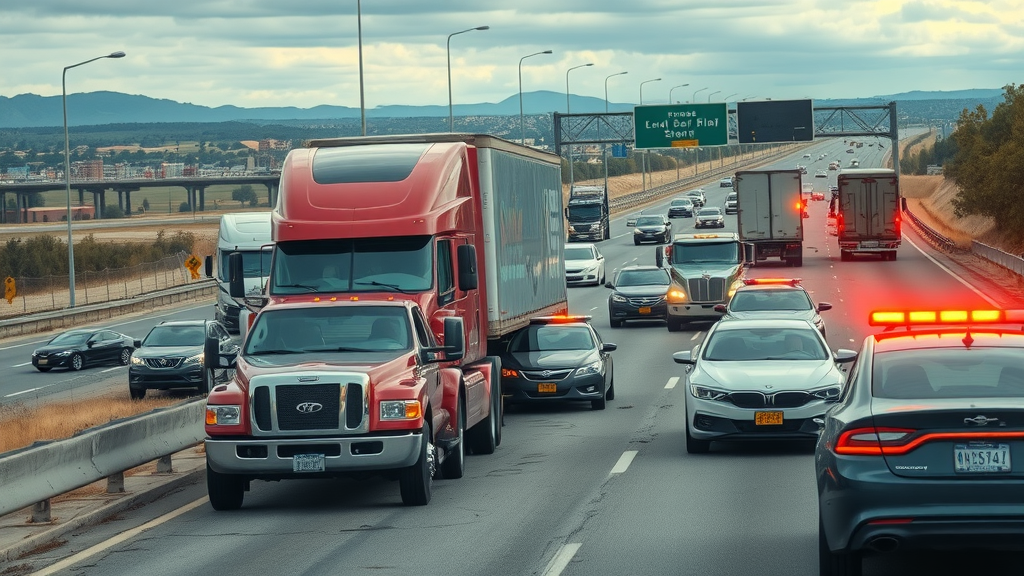 highway truck accidents busy highway scene with a large semi-truck and multiple cars, anxious drivers, police lights and debris