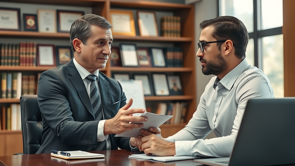 Professional attorney consulting a concerned accident victim about semi-truck collision legal claims