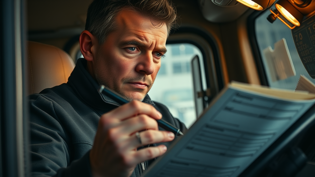 Intense closeup of a tired truck driver reviewing driver logs and paperwork for a big rig accident claim, high fidelity, truck cabin setting
