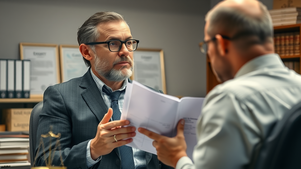 Concerned accident victim consulting a lawyer in a professional office, hopeful, discussing accident case, photorealistic detail.