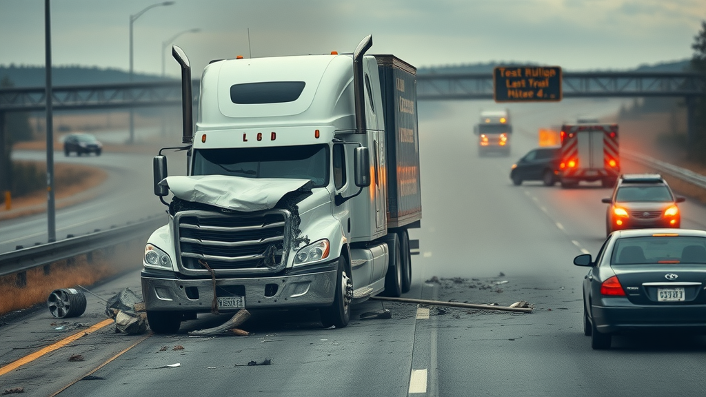 Dramatic highway accident scene involving a big rig and passenger vehicle, emphasizing the aftermath of a crash, big rig accident claims, emergency vehicles, road debris, realistic