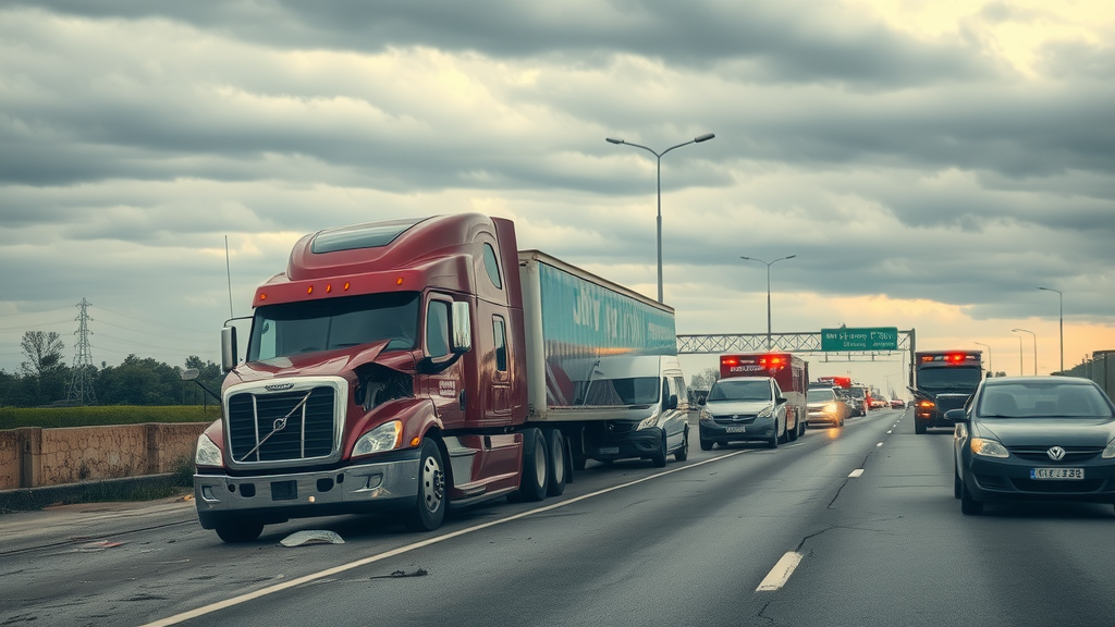 Dramatic highway accident involving a semi-truck and passenger vehicles, urgent and tense, vehicles damaged on interstate highway, semi-truck collision legal claims