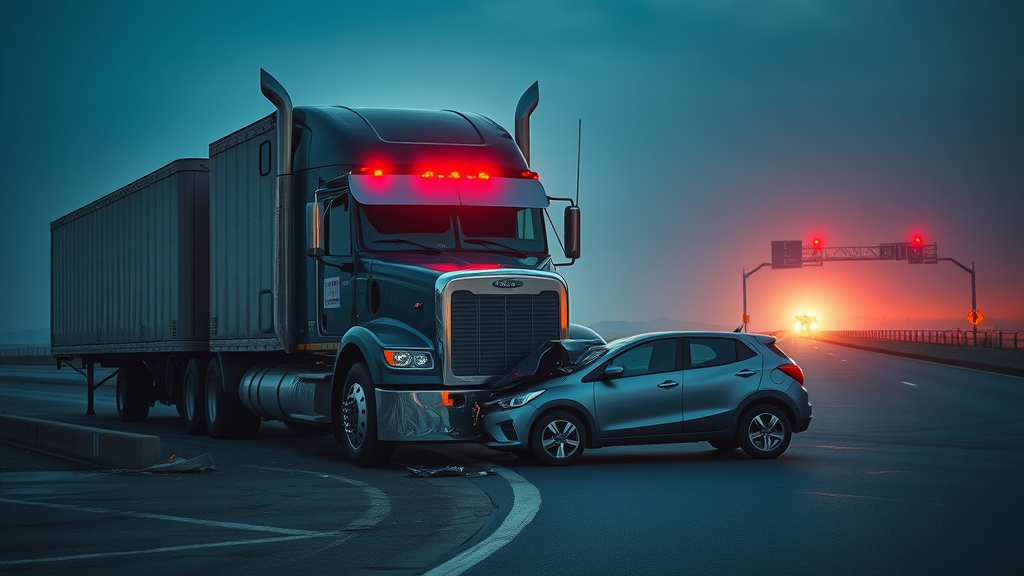 Massive 18 wheeler dwarfs a compact car after collision; sense of scale and drama highlights difference in accident severity