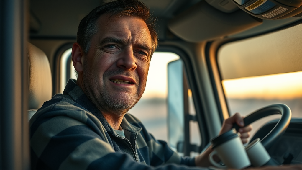 exhausted truck driver with tired eyes yawning, slouched posture behind the wheel, cinematic, truck interior background at early dawn with hints of sunlight and empty coffee cups, highly detailed, visible fatigue in the features, subdued color palette, soft morning lighting, shot with an 85mm lens.