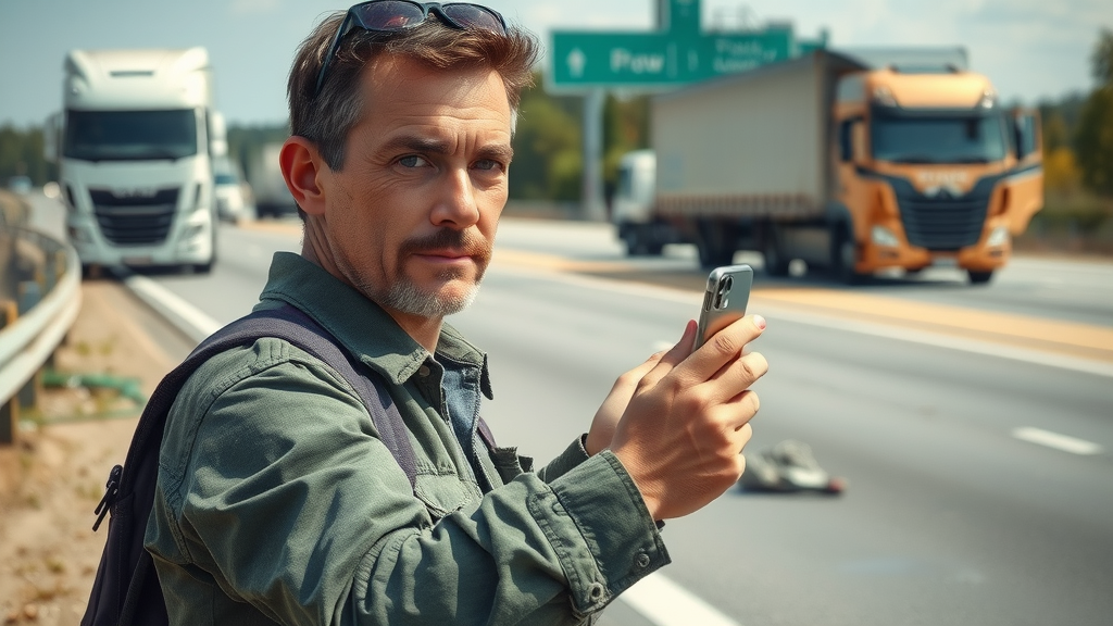 accident victim carefully documenting scene of a box truck and 18 wheeler accident for future personal injury claim