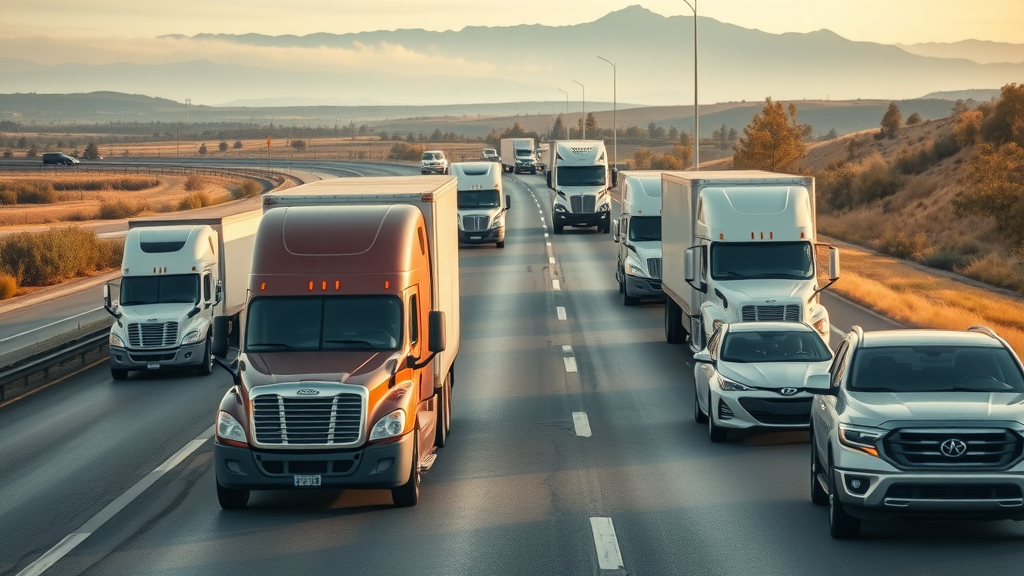 highway scene with trucks and cars maintaining safe distances, 18 wheeler accident prevention in action, photorealistic