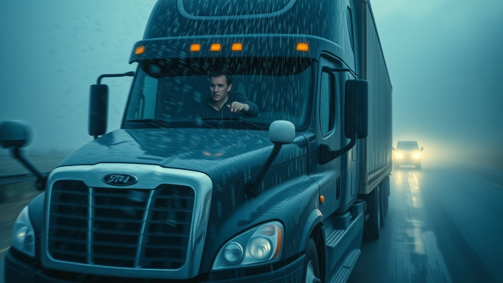 semi-truck battling heavy rain on the highway highlighting the risk of highway truck accidents in bad weather