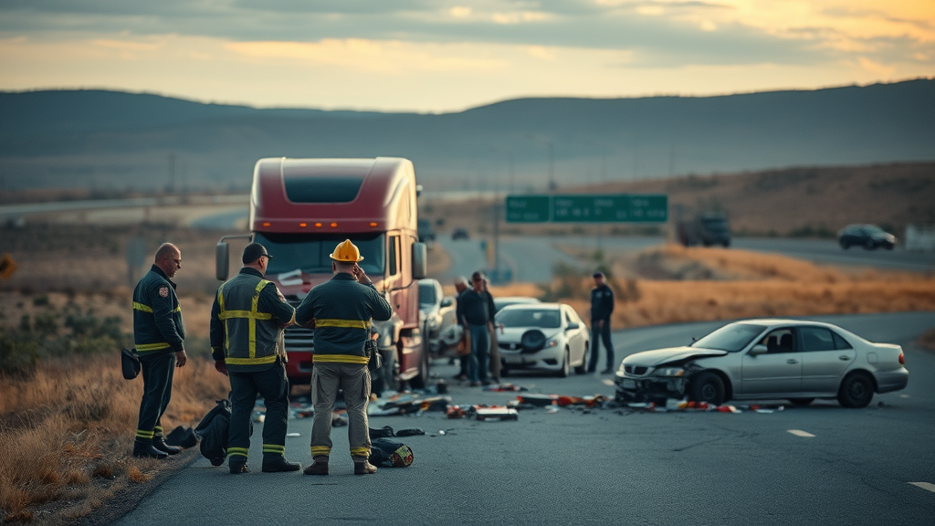 dramatic aftermath of a highway truck accident with first responders and accident debris on a wide open highway
