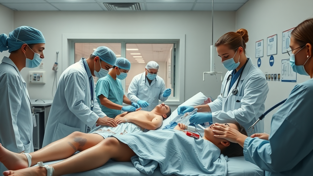 Doctors and nurses in a medical center treating victims from an 18 wheeler accident, visible injuries, calm and compassionate scene