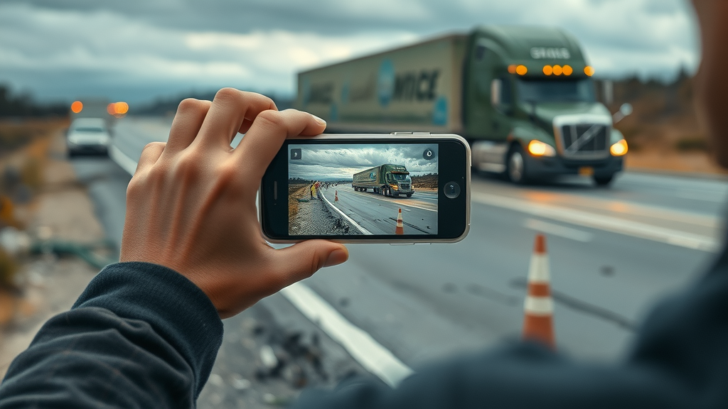 Accident victim taking photos at the scene of a collision with an 18 wheeler, evidence gathering, focused, photorealistic accident aftermath.