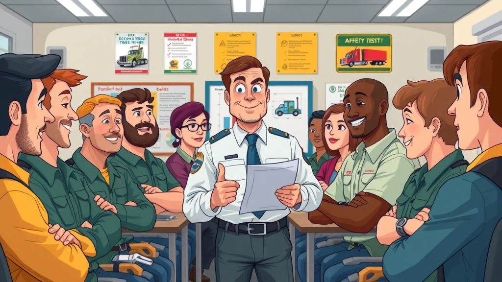 safety class with truck drivers and instructor reviewing accident prevention, cartoon training room setting