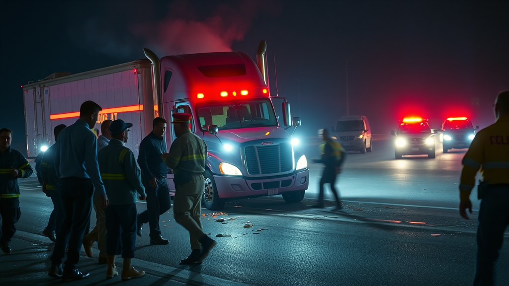 dramatic 18 wheeler accident scene on a Louisiana highway, tense expressions on bystanders, emergency responders securing the area, Photorealistic High Fidelity Lifelike, nighttime highway background with glowing emergency lights and scattered debris, highly detailed, dynamic movement with responders rushing, sharp focus, cool blue and red tones, harsh emergency light illumination, shot with a 35mm lens.