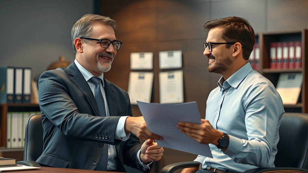 Confident attorney consulting with a relieved client after a truck accident, reinforcing the importance of legal counsel in commercial truck crash cases