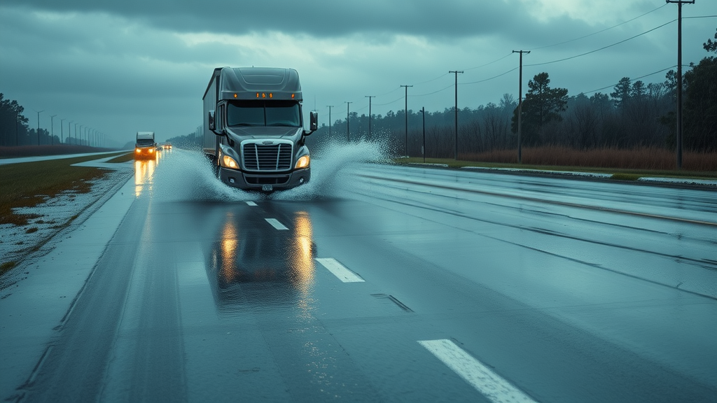 slick Louisiana roadway with heavy rain, 18 wheeler splashing through puddles, careful driver focus, Photorealistic High Fidelity Lifelike, rural highway with poor lighting, reflective water sheen, highly detailed, dynamic water spray and overcast sky, deep blues and grays, diffused rainy lighting, shot with a 28mm lens.