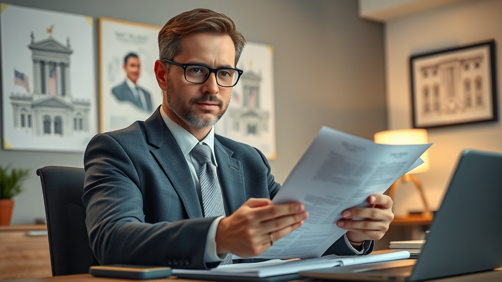 Confident attorney reviewing big rig accident case paperwork in modern office for a truck accident claim