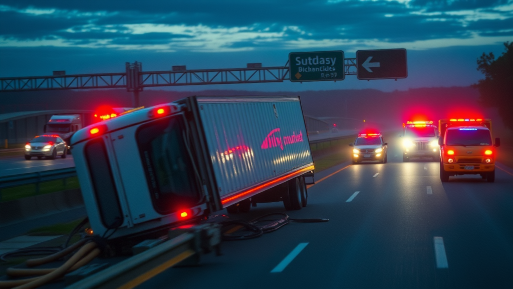 Dramatic highway scene featuring an overturned 18 wheeler and emergency vehicles responding, urgency, photorealistic high fidelity lifelike, dusk-lit interstate with visible traffic and first responders, highly detailed, flashing lights, motion blur on emergency staff, cool blue and red hues, dynamic emergency lighting, shot with a wide-angle lens.