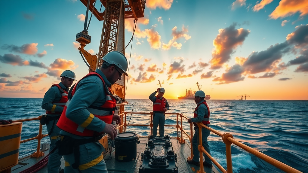 Dynamic offshore oil rig safety jobs, workers collaborating at sunrise with safety equipment, vast ocean and drilling platforms in background, crisp details, sunrise lighting
