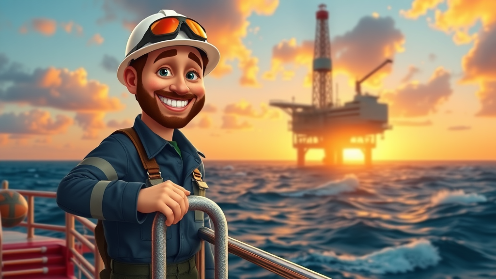 offshore drilling training courses: motivated drilling technician climbing oil rig ladder at sunrise