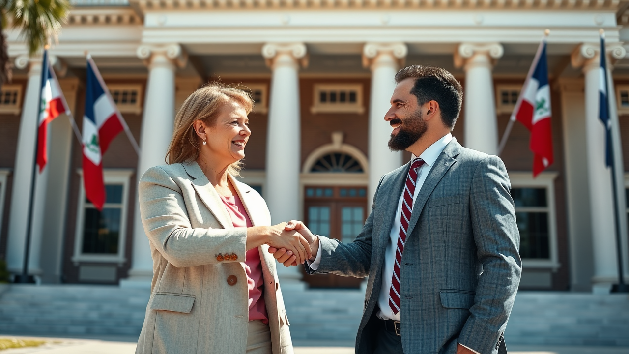 client and lawyer shaking hands in front of the courthouse, offshore injury lawyer in Louisiana