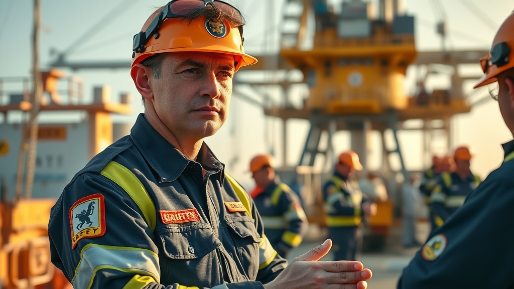 Offshore oil rig safety officer inspecting equipment, overseeing compliance, vibrant rig deck, safety signage, and crew teamwork