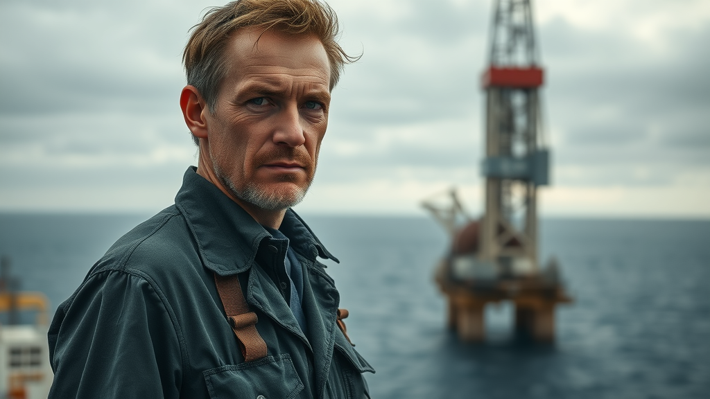 somber offshore oil rig worker on an oil platform in the Gulf of Mexico, offshore injury lawyer in Louisiana
