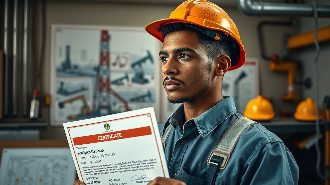offshore drilling training courses: young oil worker holding certification in training center with drilling equipment and charts