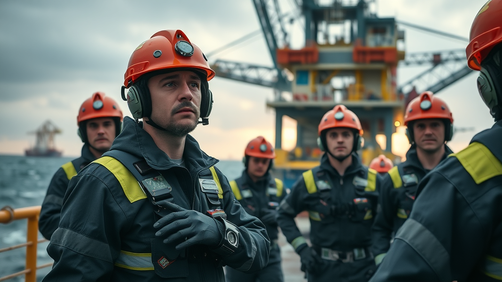 offshore drilling training courses: offshore oil rig crew in safety gear performing training drill, choppy sea with cranes in background