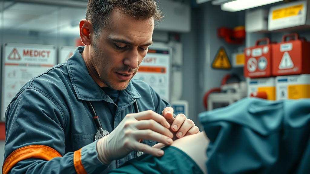 Offshore medic providing first aid, safety posters and emergency kits in medical bay, focused on immediate care