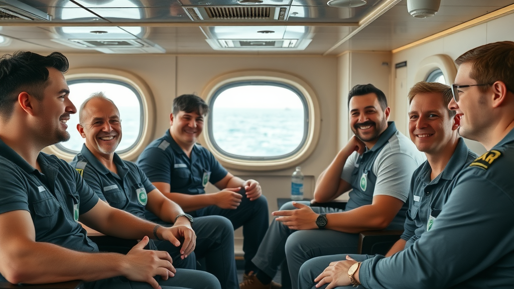 Offshore safety professionals socializing and relaxing during downtime, crew quarters with ocean view, group dynamic