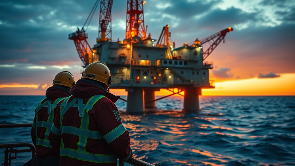 offshore injury firm - dramatic offshore oil rig at sunset with workers in safety gear after an incident, emergency equipment visible, photorealistic, golden hour